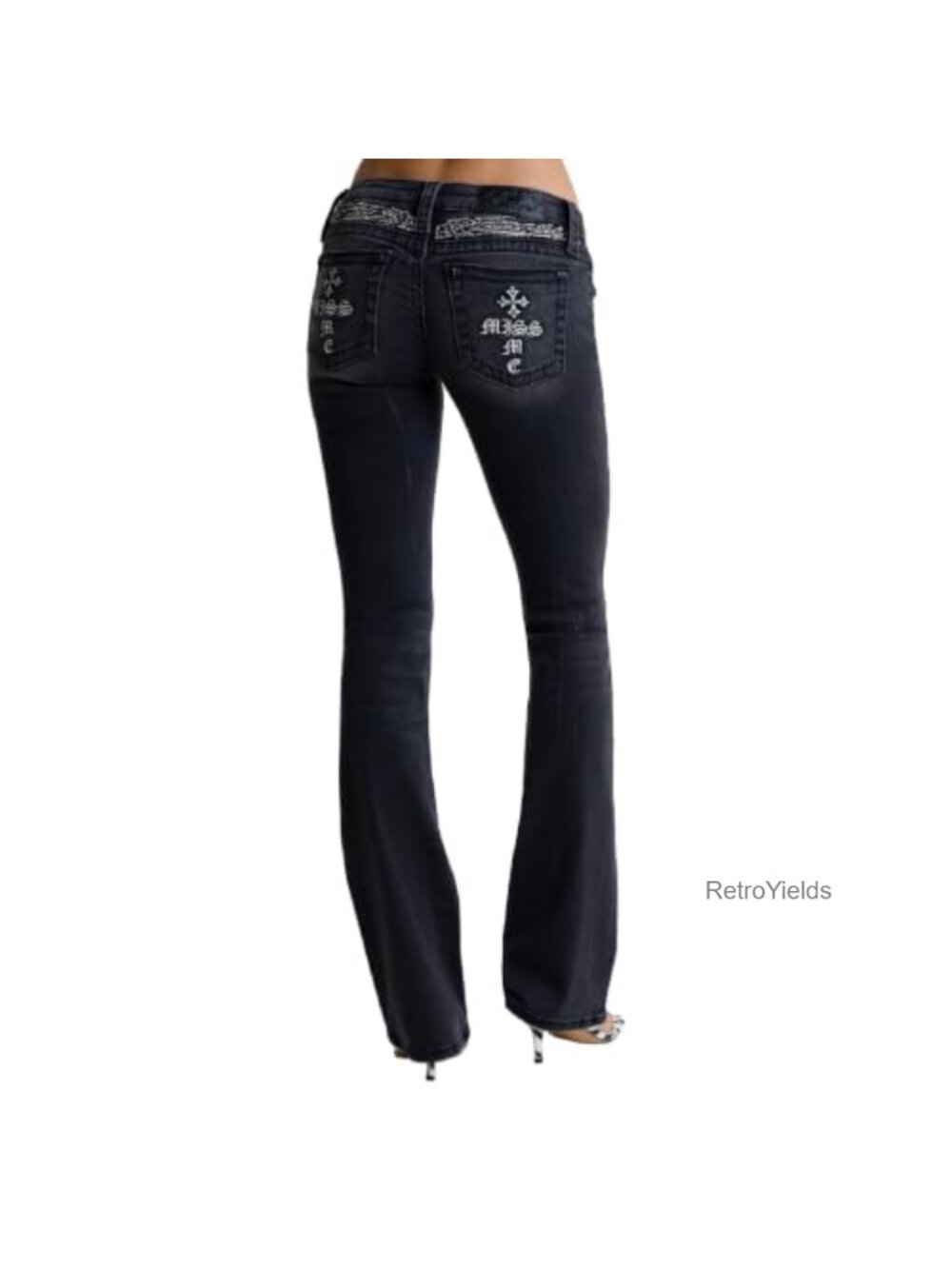 Low Rise Bootcut Jeans Embroidered Gothic Cross Rhinestone - Picture 1 of 5